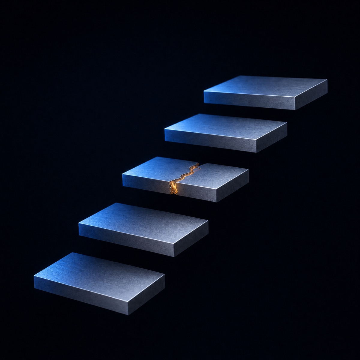 A staircase of floating slabs with one cracked step