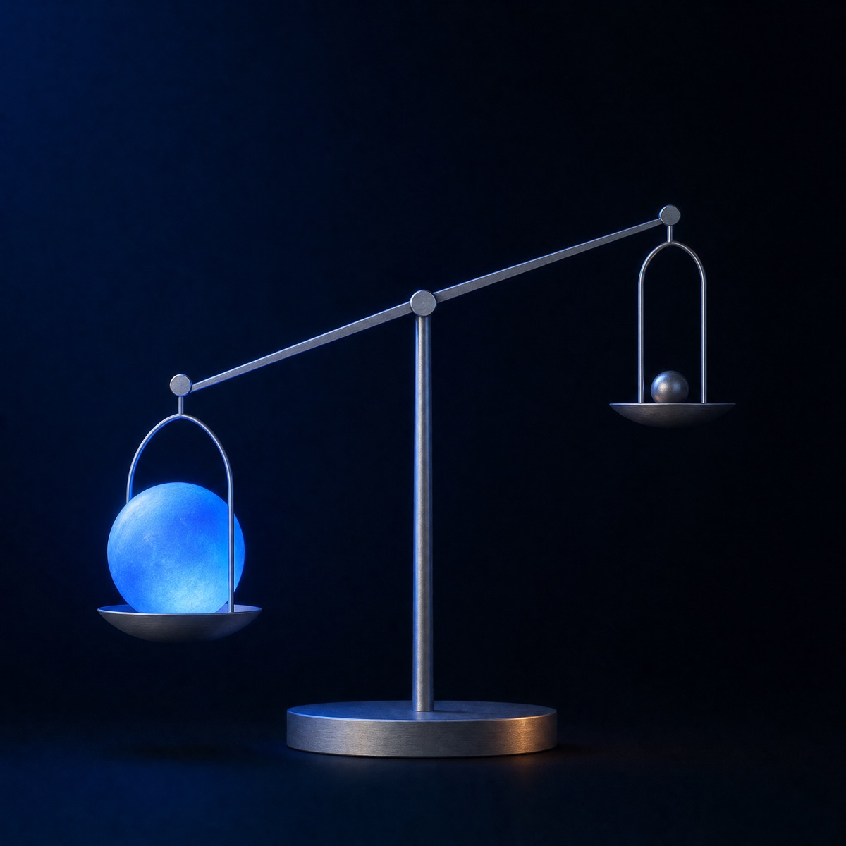 A balance scale tipped by one glowing sphere