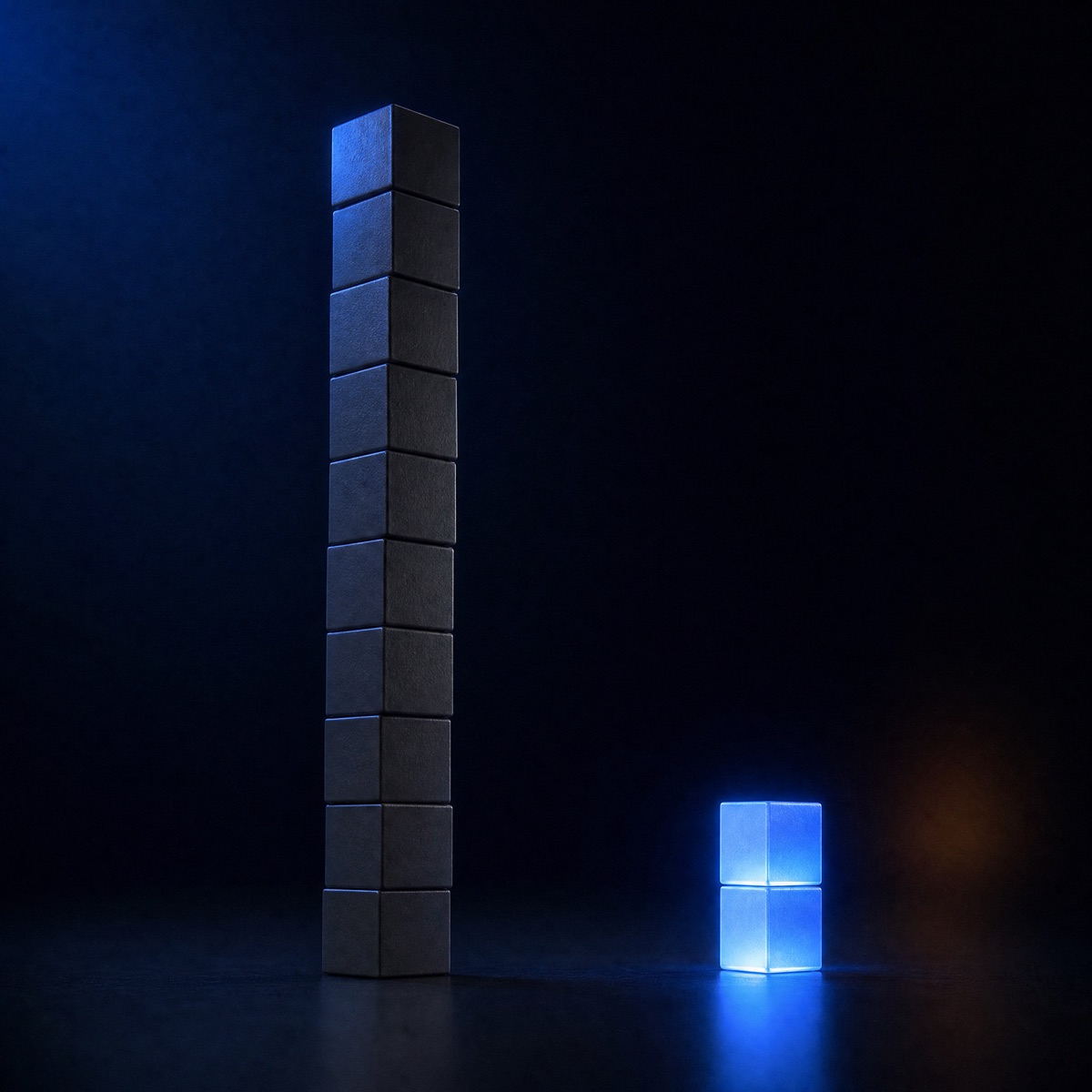 A tall stack of ten dull cubes beside a short stack of two glowing ones