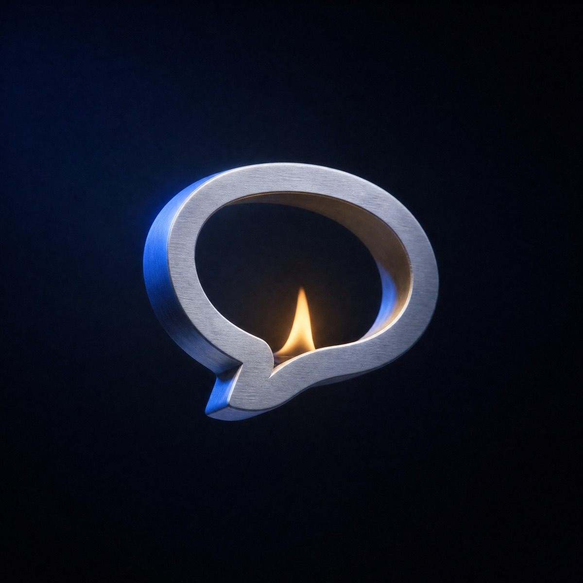 A silver speech bubble with a small flame burning inside it